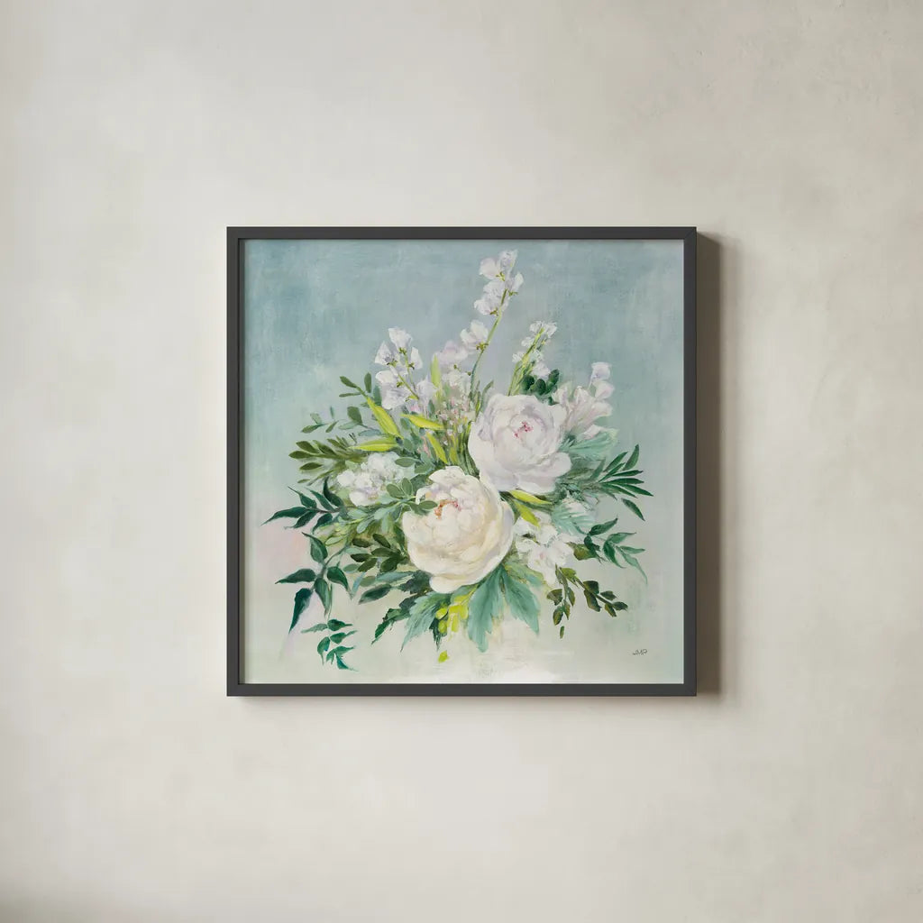 Bridal Bouquet by Julia Purinton. Shown in a sleek black glass frame for a contemporary gallery look. Available as an archival giclee rolled canvas, fine art paper, or poster print. SKU 55362a.