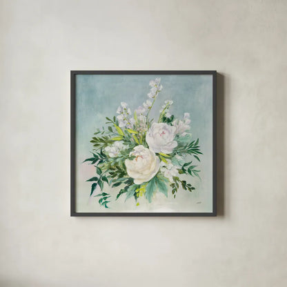 Bridal Bouquet by Julia Purinton. Shown in a sleek black glass frame for a contemporary gallery look. Available as an archival giclee rolled canvas, fine art paper, or poster print. SKU 55362a.