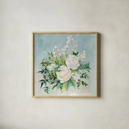 Bridal Bouquet by Julia Purinton. Shown in a natural wood glass frame for a timeless modern aesthetic. Available as an archival giclee rolled canvas, fine art paper, or poster print. SKU 55362a.