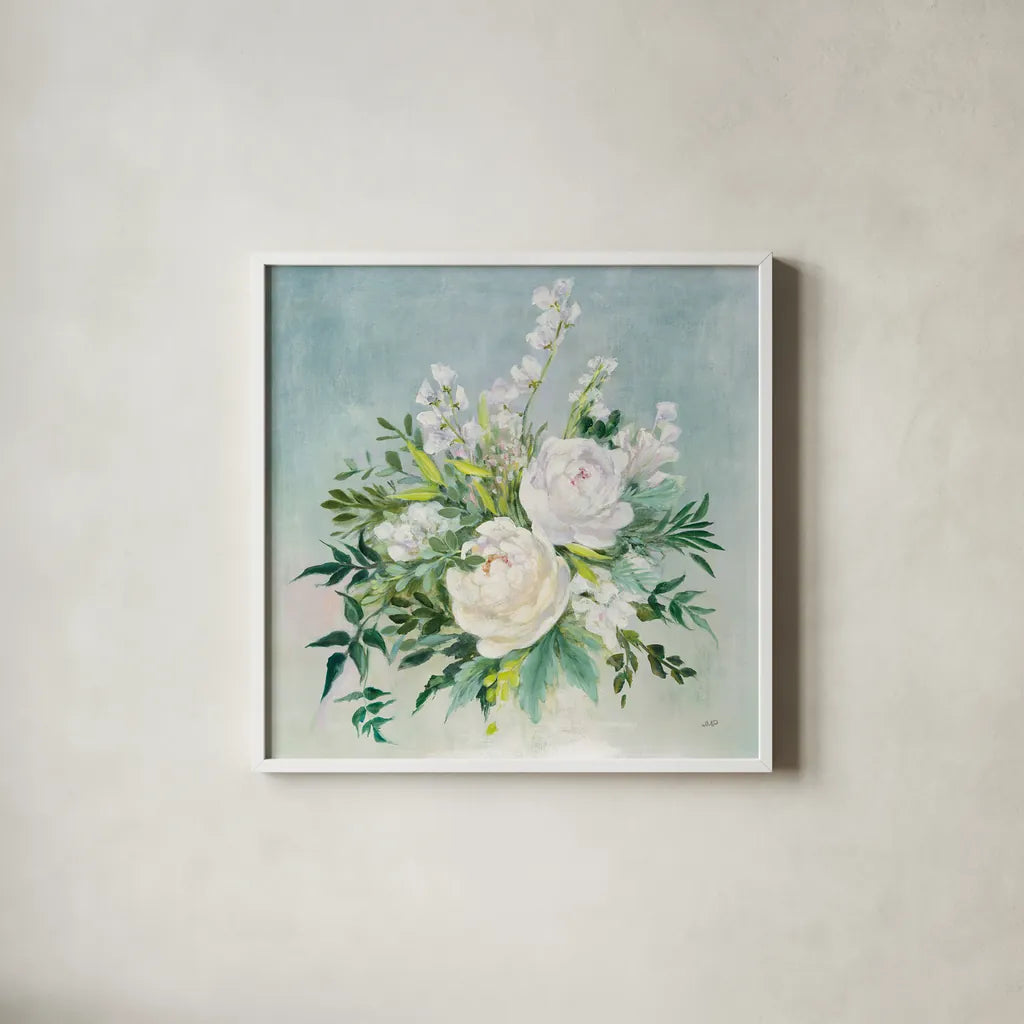 Bridal Bouquet by Julia Purinton. Shown in a crisp white glass frame for a clean and minimalist style. Available as an archival giclee rolled canvas, fine art paper, or poster print. SKU 55362a.
