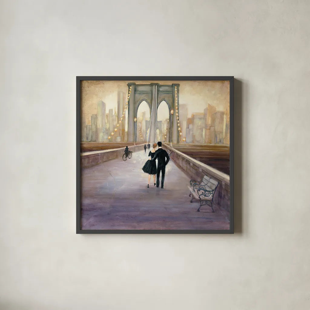 Bridge to NY by Julia Purinton. Shown in a sleek black glass frame for a contemporary gallery look. Available as an archival giclee rolled canvas, fine art paper, or poster print. SKU 22506a.