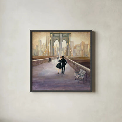 Bridge to NY by Julia Purinton. Shown in a sleek black glass frame for a contemporary gallery look. Available as an archival giclee rolled canvas, fine art paper, or poster print. SKU 22506a.