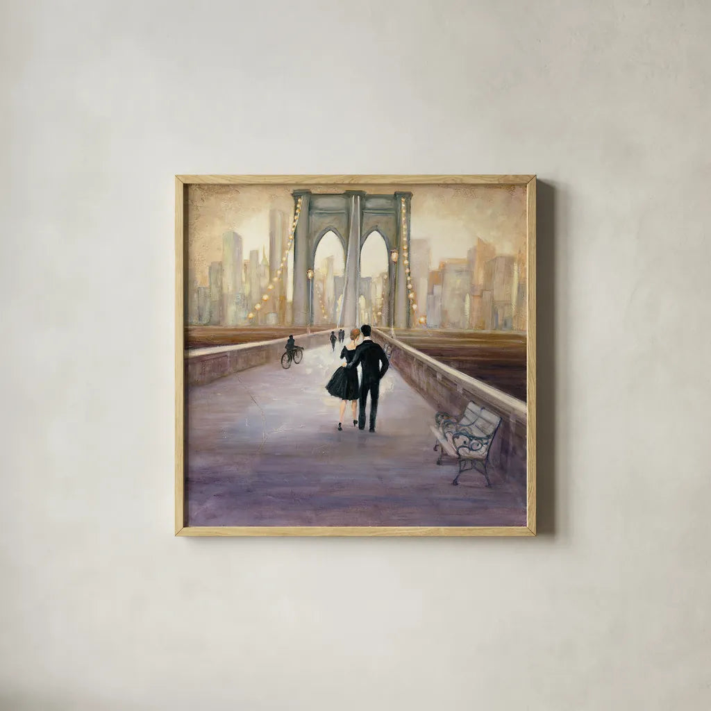Bridge to NY by Julia Purinton. Shown in a natural wood glass frame for a timeless modern aesthetic. Available as an archival giclee rolled canvas, fine art paper, or poster print. SKU 22506a.