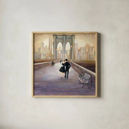 Bridge to NY by Julia Purinton. Shown in a natural wood glass frame for a timeless modern aesthetic. Available as an archival giclee rolled canvas, fine art paper, or poster print. SKU 22506a.