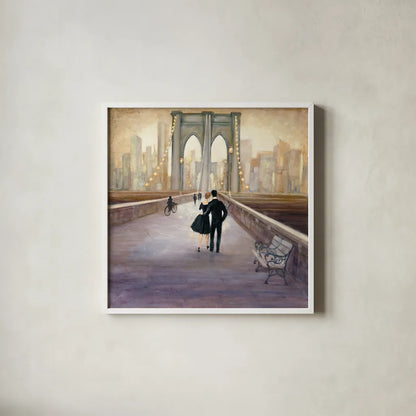 Bridge to NY by Julia Purinton. Shown in a crisp white glass frame for a clean and minimalist style. Available as an archival giclee rolled canvas, fine art paper, or poster print. SKU 22506a.