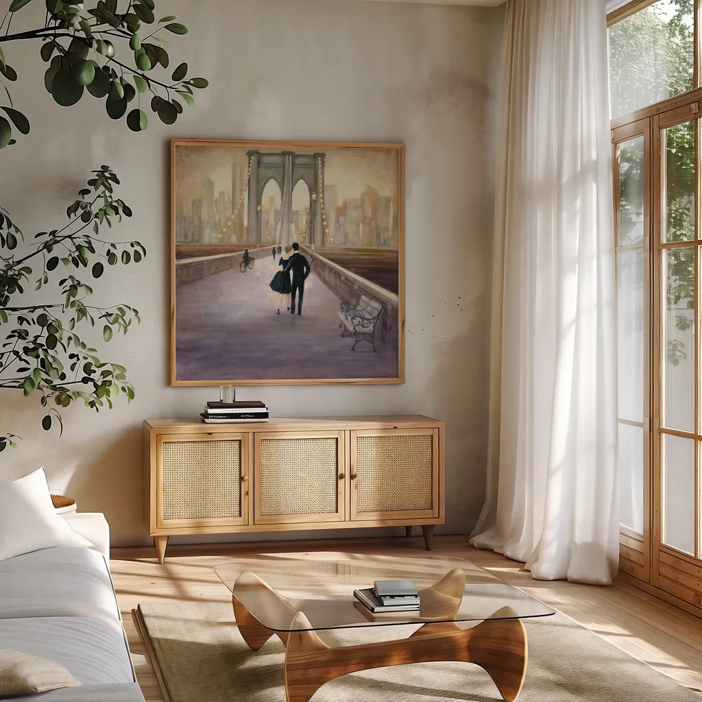 Bridge to NY by Julia Purinton. Shown in a natural wood frame in a cozy modern living room. Available as an archival giclee rolled canvas, fine art paper, or poster print. SKU 22506a.