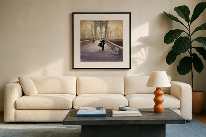Bridge to NY by Julia Purinton. Displayed in a glass frame with matte in a clean modern living room. Available as an archival giclee rolled canvas, fine art paper, or poster print. SKU 22506a.