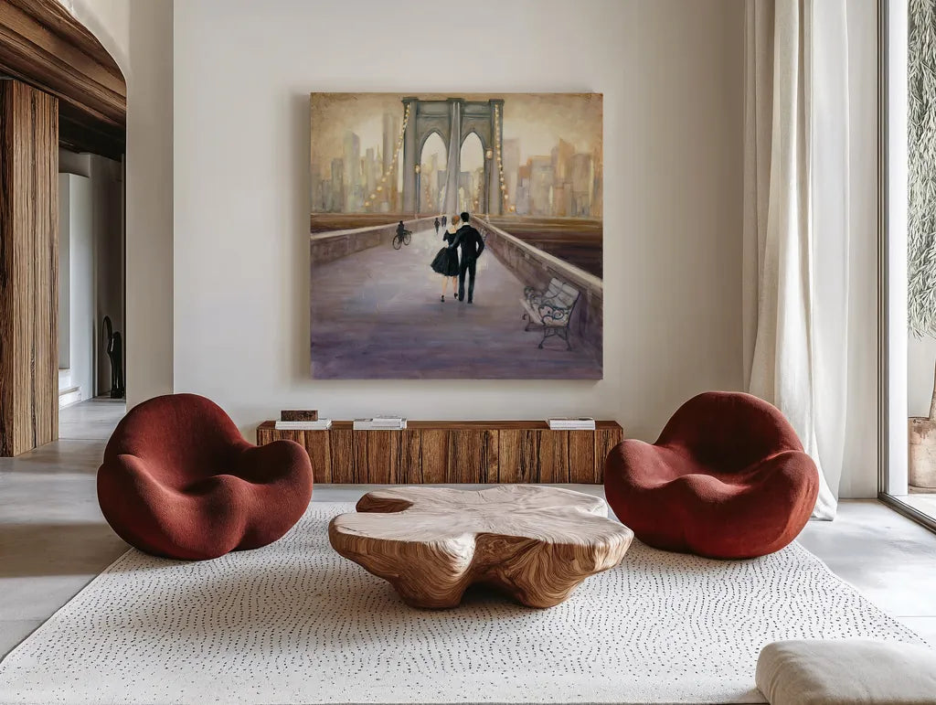 Bridge to NY by Julia Purinton. Shown as extra-large giant wall art in a modern living room. Available as an archival giclee rolled canvas, fine art paper, or poster print. SKU 22506a.