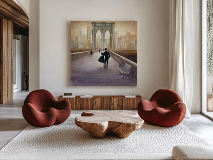 Bridge to NY by Julia Purinton. Shown as extra-large giant wall art in a modern living room. Available as an archival giclee rolled canvas, fine art paper, or poster print. SKU 22506a.