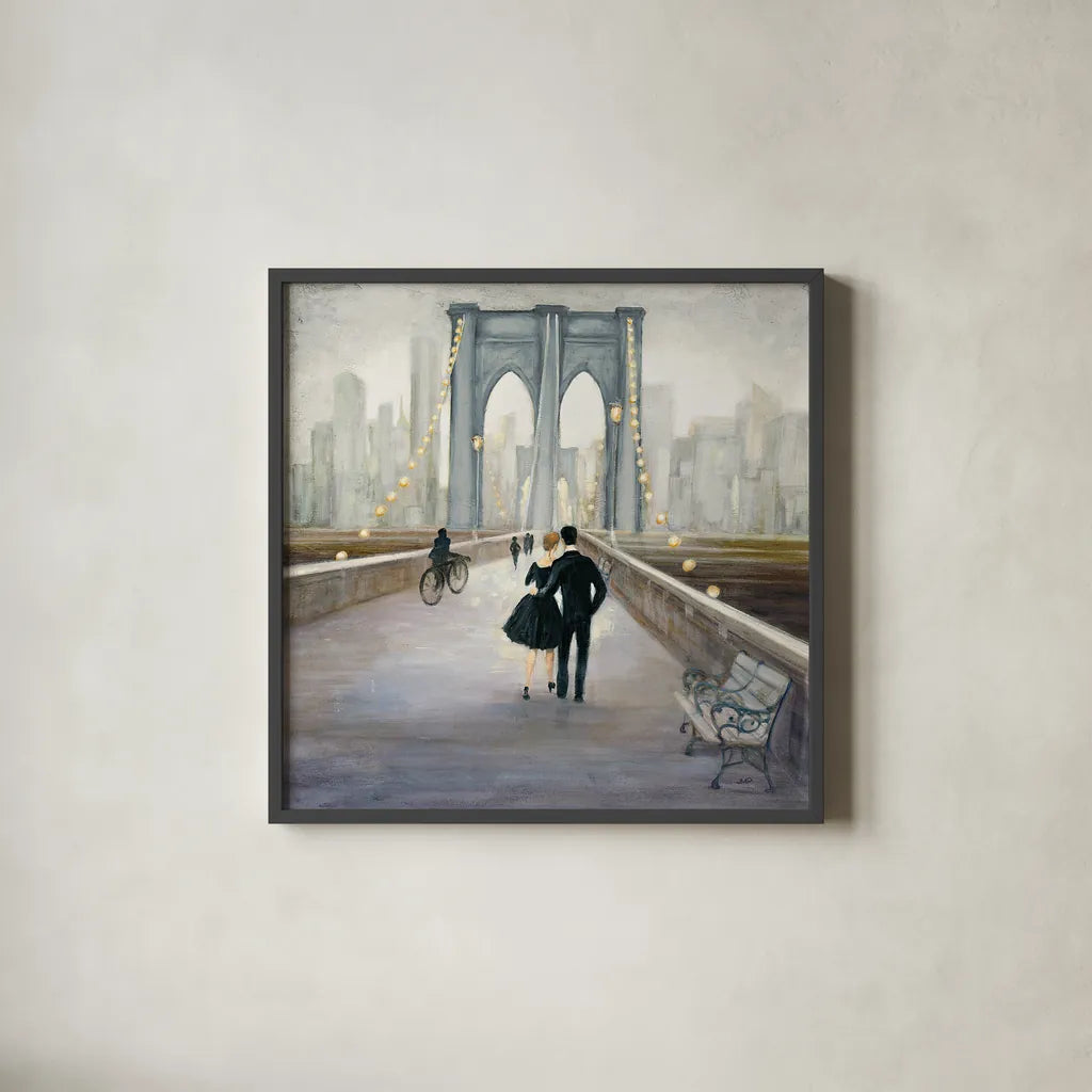 Bridge to NY v.2 by Julia Purinton. Shown in a sleek black glass frame for a contemporary gallery look. Available as an archival giclee rolled canvas, fine art paper, or poster print. SKU 22514a.