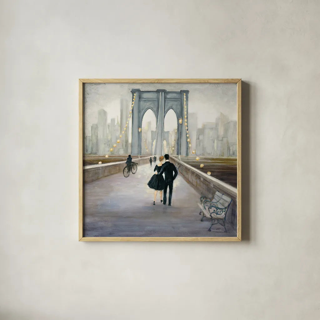 Bridge to NY v.2 by Julia Purinton. Shown in a natural wood glass frame for a timeless modern aesthetic. Available as an archival giclee rolled canvas, fine art paper, or poster print. SKU 22514a.