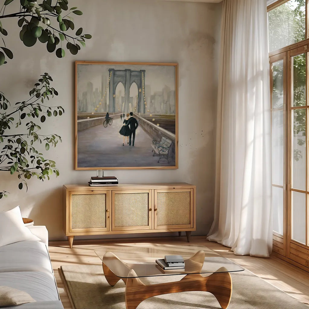 Bridge to NY v.2 by Julia Purinton. Shown in a natural wood frame in a cozy modern living room. Available as an archival giclee rolled canvas, fine art paper, or poster print. SKU 22514a.