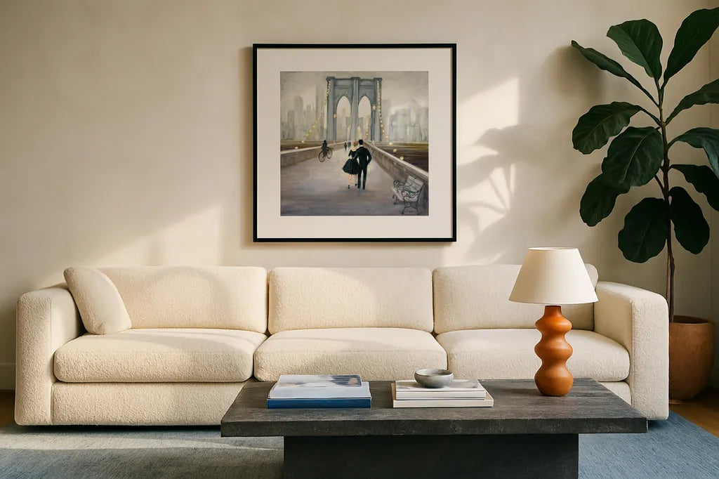 Bridge to NY v.2 by Julia Purinton. Displayed in a glass frame with matte in a clean modern living room. Available as an archival giclee rolled canvas, fine art paper, or poster print. SKU 22514a.
