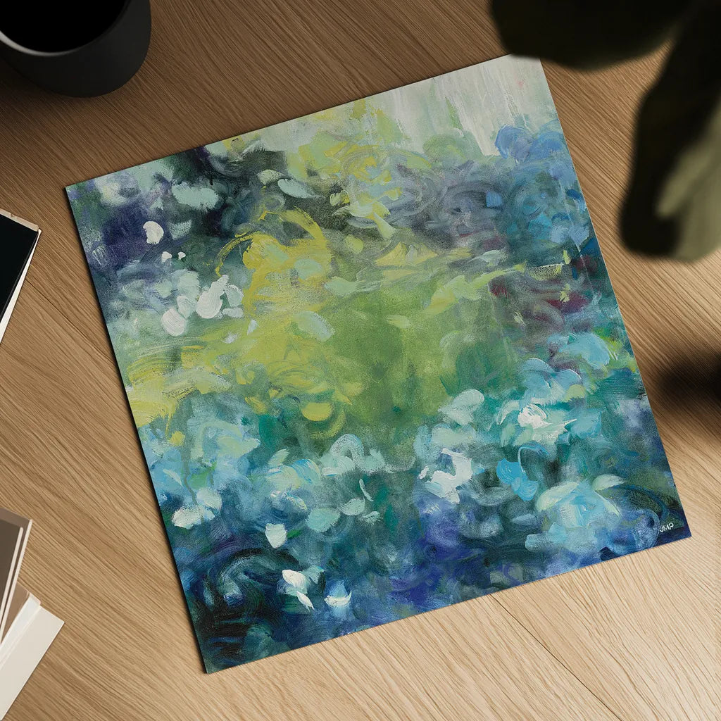 Bright Hydrangea I by Julia Purinton. Shown as a detailed flat fine art print, highlighting archival giclee quality. Available as an archival giclee rolled canvas, fine art paper, or poster print. SKU 13649a.