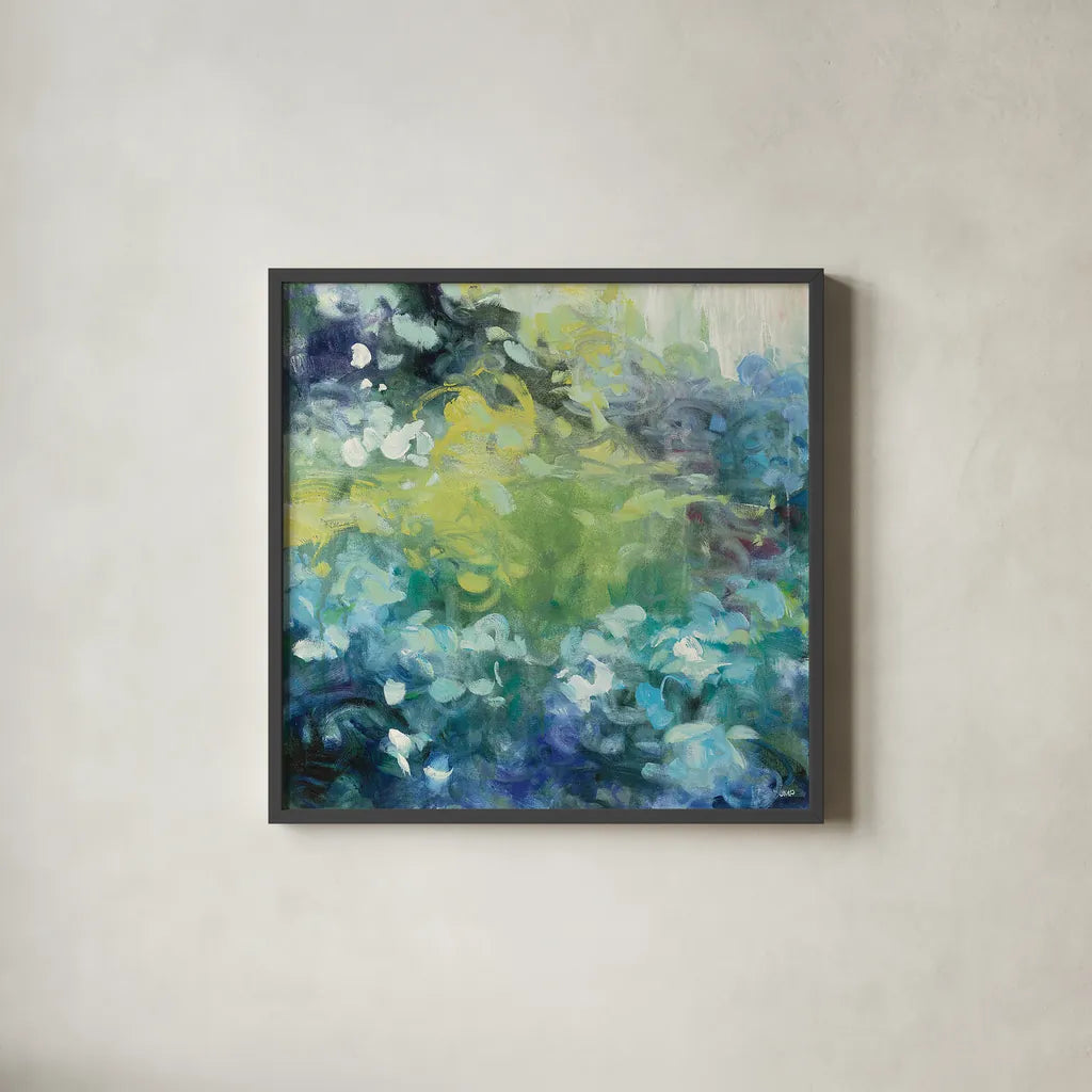 Bright Hydrangea I by Julia Purinton. Shown in a sleek black glass frame for a contemporary gallery look. Available as an archival giclee rolled canvas, fine art paper, or poster print. SKU 13649a.