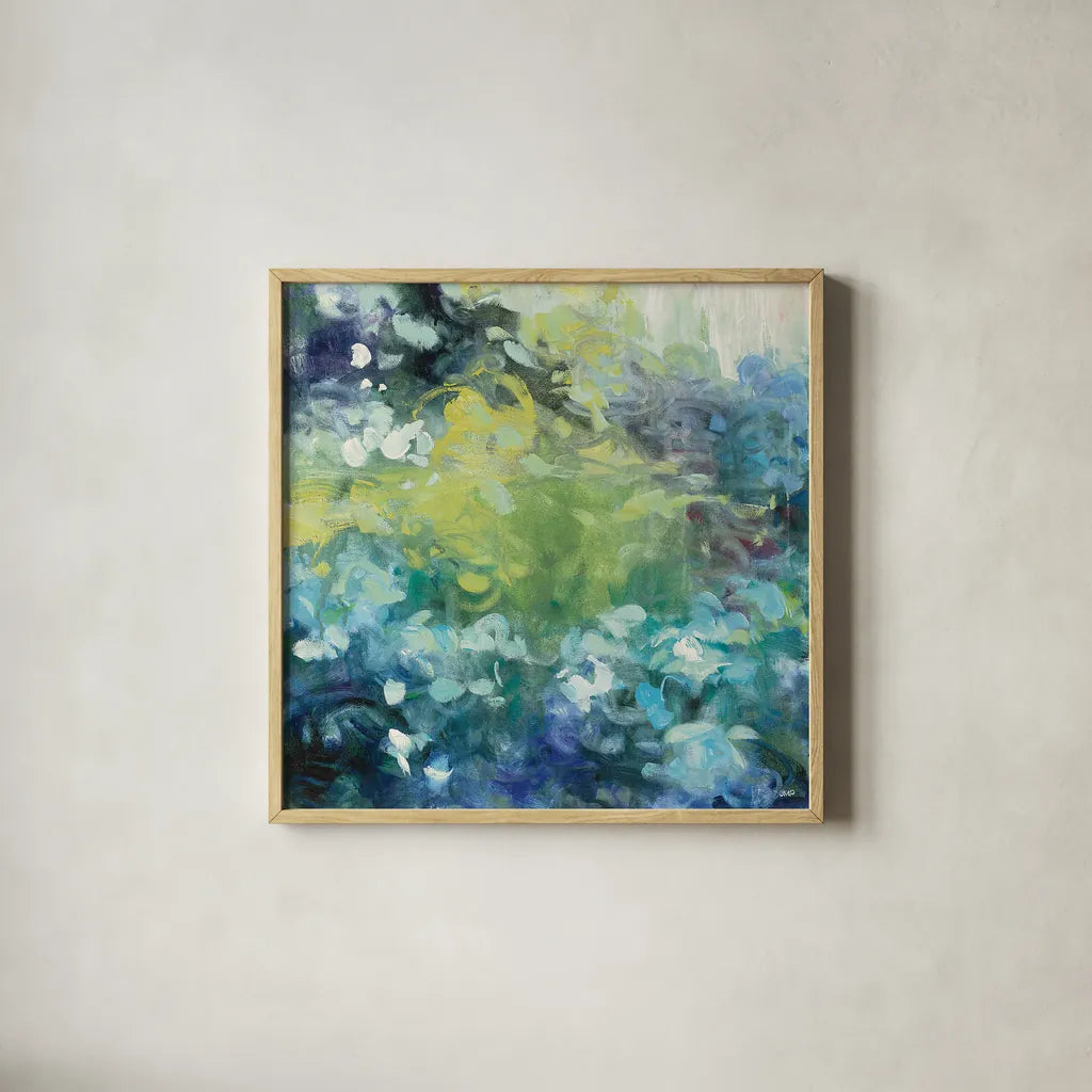 Bright Hydrangea I by Julia Purinton. Shown in a natural wood glass frame for a timeless modern aesthetic. Available as an archival giclee rolled canvas, fine art paper, or poster print. SKU 13649a.