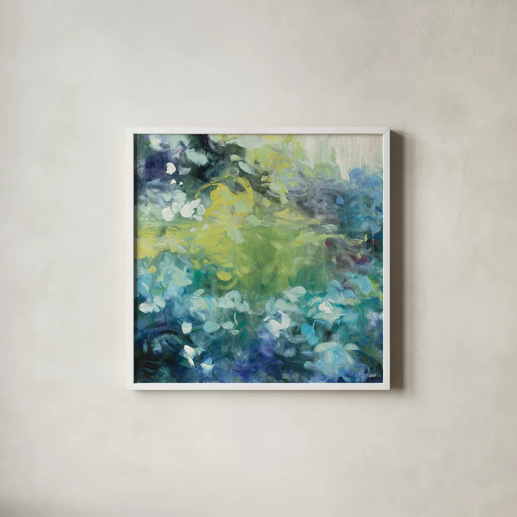 Bright Hydrangea I by Julia Purinton. Shown in a crisp white glass frame for a clean and minimalist style. Available as an archival giclee rolled canvas, fine art paper, or poster print. SKU 13649a.