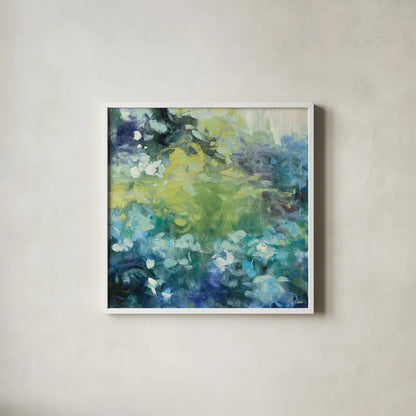 Bright Hydrangea I by Julia Purinton. Shown in a crisp white glass frame for a clean and minimalist style. Available as an archival giclee rolled canvas, fine art paper, or poster print. SKU 13649a.