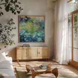 Bright Hydrangea I by Julia Purinton. Shown in a natural wood frame in a cozy modern living room. Available as an archival giclee rolled canvas, fine art paper, or poster print. SKU 13649a.