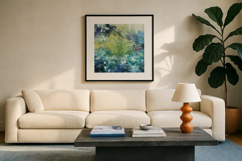 Bright Hydrangea I by Julia Purinton. Displayed in a glass frame with matte in a clean modern living room. Available as an archival giclee rolled canvas, fine art paper, or poster print. SKU 13649a.