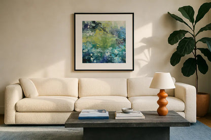 Bright Hydrangea I by Julia Purinton. Displayed in a glass frame with matte in a clean modern living room. Available as an archival giclee rolled canvas, fine art paper, or poster print. SKU 13649a.