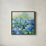 Bright Hydrangea II by Julia Purinton. Shown in a sleek black glass frame for a contemporary gallery look. Available as an archival giclee rolled canvas, fine art paper, or poster print. SKU 14834a.