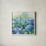 Bright Hydrangea II by Julia Purinton. Shown in a crisp white glass frame for a clean and minimalist style. Available as an archival giclee rolled canvas, fine art paper, or poster print. SKU 14834a.