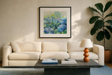 Bright Hydrangea II by Julia Purinton. Displayed in a glass frame with matte in a clean modern living room. Available as an archival giclee rolled canvas, fine art paper, or poster print. SKU 14834a.