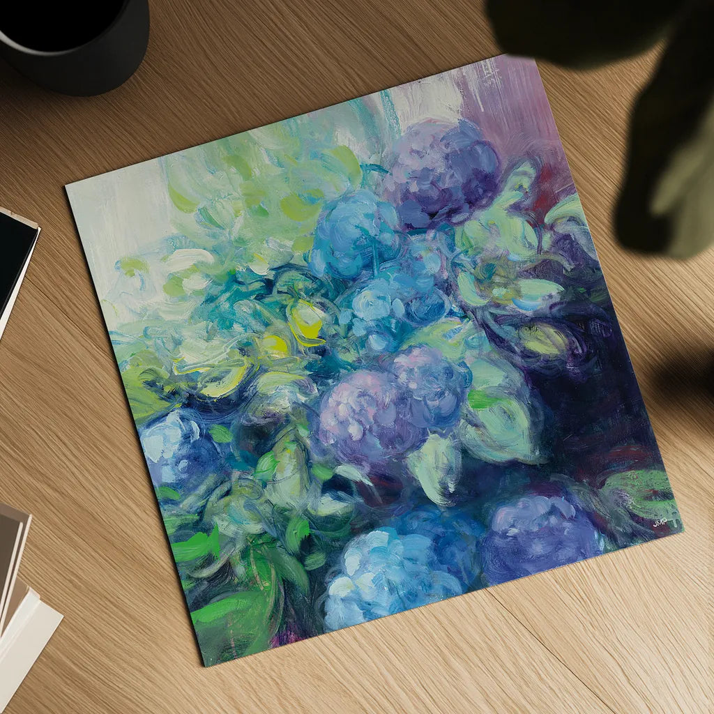 Bright Hydrangea III by Julia Purinton. Shown as a detailed flat fine art print, highlighting archival giclee quality. Available as an archival giclee rolled canvas, fine art paper, or poster print. SKU 14835a.