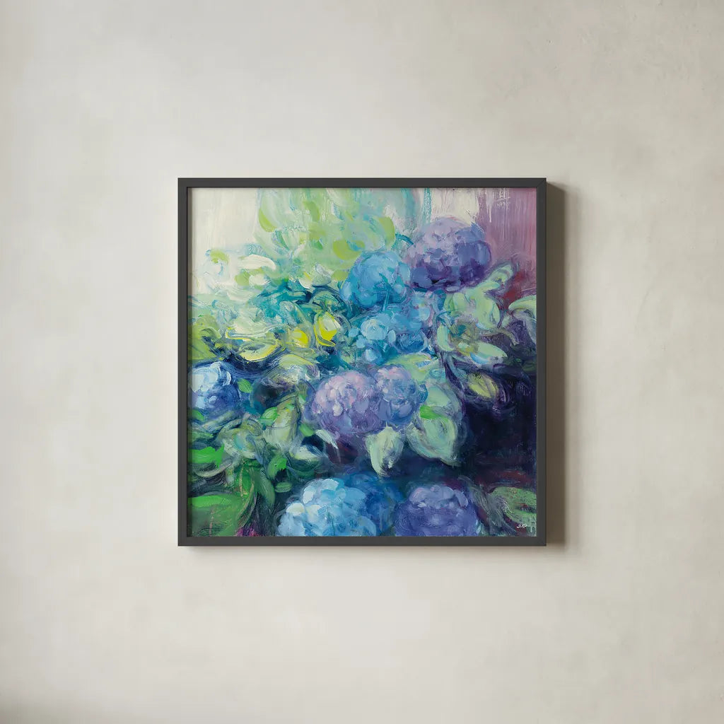 Bright Hydrangea III by Julia Purinton. Shown in a sleek black glass frame for a contemporary gallery look. Available as an archival giclee rolled canvas, fine art paper, or poster print. SKU 14835a.