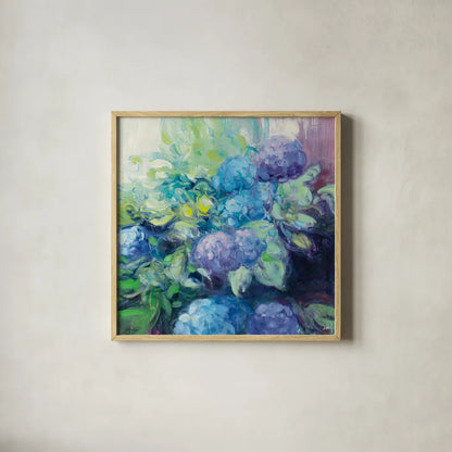 Bright Hydrangea III by Julia Purinton. Shown in a natural wood glass frame for a timeless modern aesthetic. Available as an archival giclee rolled canvas, fine art paper, or poster print. SKU 14835a.