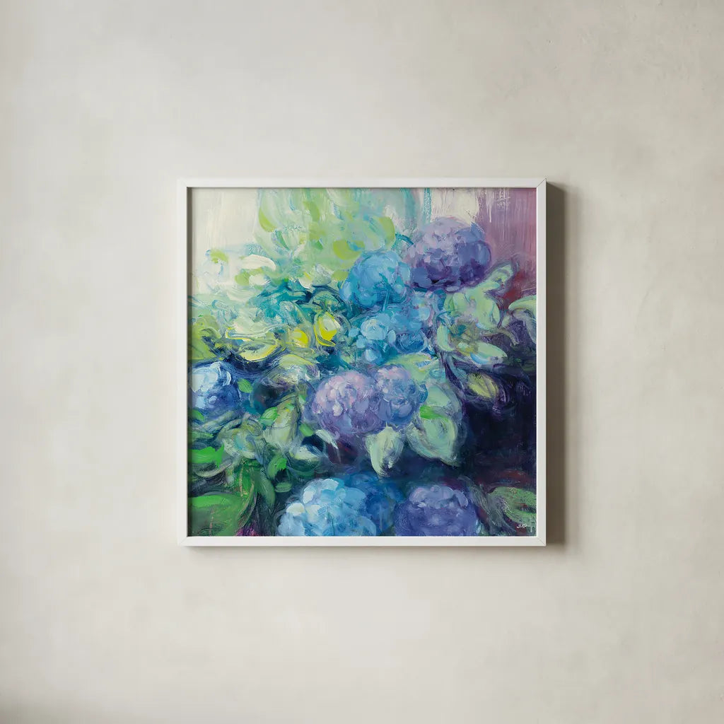 Bright Hydrangea III by Julia Purinton. Shown in a crisp white glass frame for a clean and minimalist style. Available as an archival giclee rolled canvas, fine art paper, or poster print. SKU 14835a.