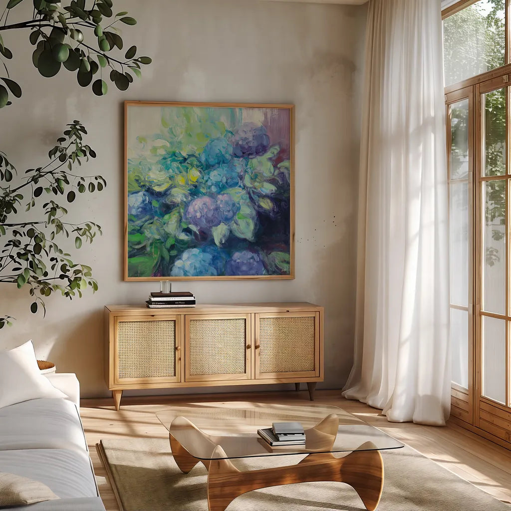 Bright Hydrangea III by Julia Purinton. Shown in a natural wood frame in a cozy modern living room. Available as an archival giclee rolled canvas, fine art paper, or poster print. SKU 14835a.