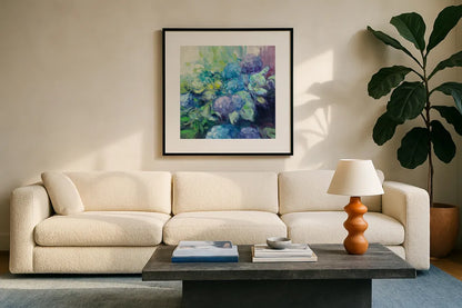 Bright Hydrangea III by Julia Purinton. Displayed in a glass frame with matte in a clean modern living room. Available as an archival giclee rolled canvas, fine art paper, or poster print. SKU 14835a.