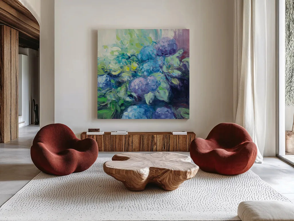 Bright Hydrangea III by Julia Purinton. Shown as extra-large giant wall art in a modern living room. Available as an archival giclee rolled canvas, fine art paper, or poster print. SKU 14835a.