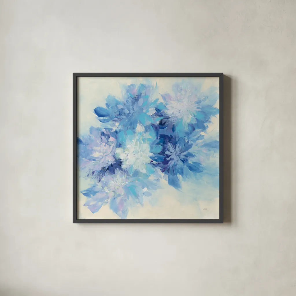 Burst of Blue by Julia Purinton. Shown in a sleek black glass frame for a contemporary gallery look. Available as an archival giclee rolled canvas, fine art paper, or poster print. SKU 57167a.