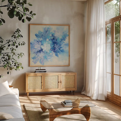 Burst of Blue by Julia Purinton. Shown in a natural wood frame in a cozy modern living room. Available as an archival giclee rolled canvas, fine art paper, or poster print. SKU 57167a.