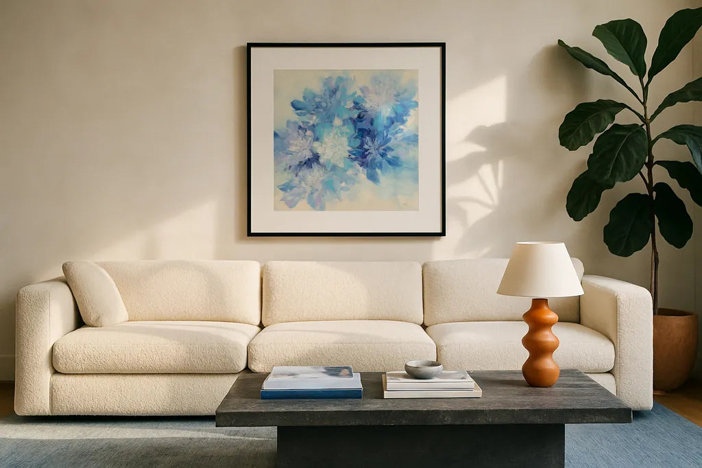 Burst of Blue by Julia Purinton. Displayed in a glass frame with matte in a clean modern living room. Available as an archival giclee rolled canvas, fine art paper, or poster print. SKU 57167a.