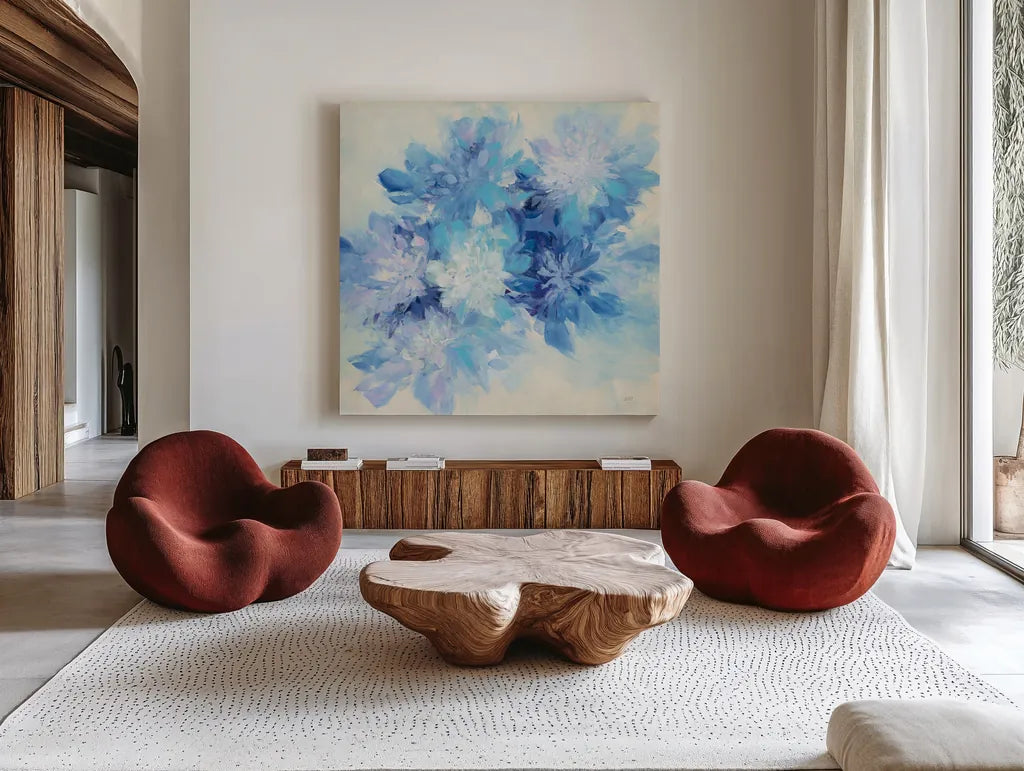 Burst of Blue by Julia Purinton. Shown as extra-large giant wall art in a modern living room. Available as an archival giclee rolled canvas, fine art paper, or poster print. SKU 57167a.