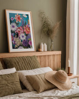 Butterfly Garden Delight by Julia Purinton. shown as a paper print in a natural frame. Available as a archival giclee rolled canvas, fine art paper, or poster print. SKU 88724h.
