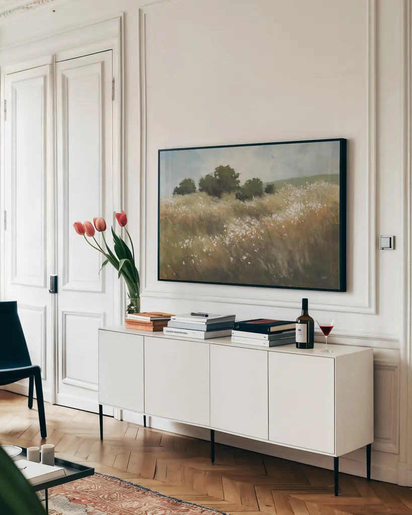 Calm Meadow by Julia Purinton. shown as a framed stretched canvas in a living room above a console. Available as a archival giclee rolled canvas, fine art paper, or poster print. SKU 89474i.