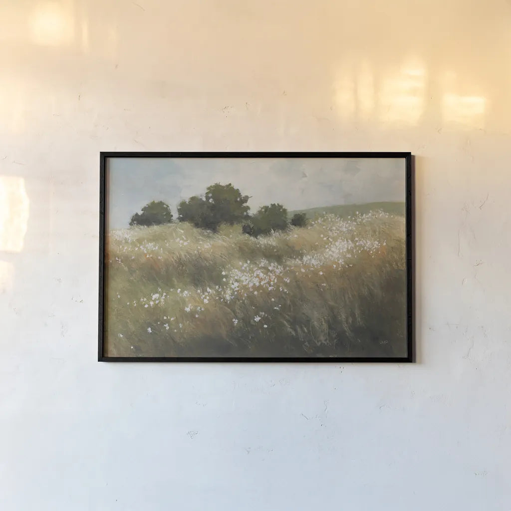 Calm Meadow by Julia Purinton. shown as a paper print in a black flame. Available as a archival giclee rolled canvas, fine art paper, or poster print. SKU 89474i.