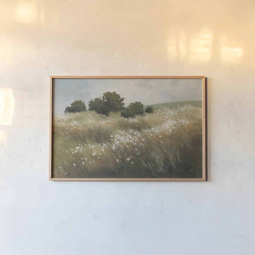 Calm Meadow by Julia Purinton. shown as a paper print in a natural frame. Available as a archival giclee rolled canvas, fine art paper, or poster print. SKU 89474i.