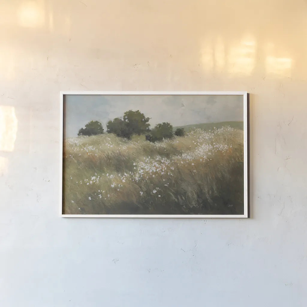 Calm Meadow by Julia Purinton. shown as a paper print in a white frame. Available as a archival giclee rolled canvas, fine art paper, or poster print. SKU 89474i.