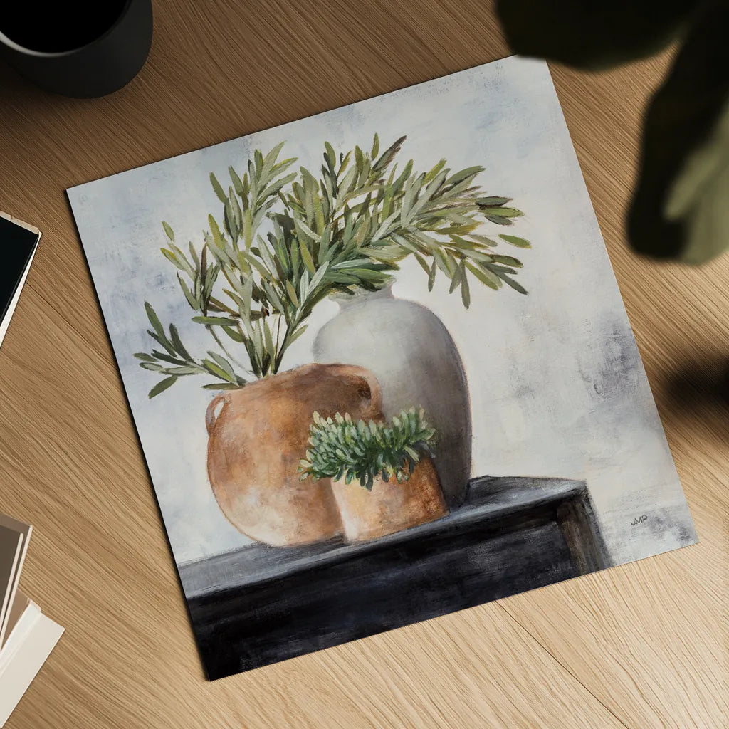 Calm Still Life Dark I by Julia Purinton. Shown as a detailed flat fine art print, highlighting archival giclee quality. Available as an archival giclee rolled canvas, fine art paper, or poster print. SKU 83018a.