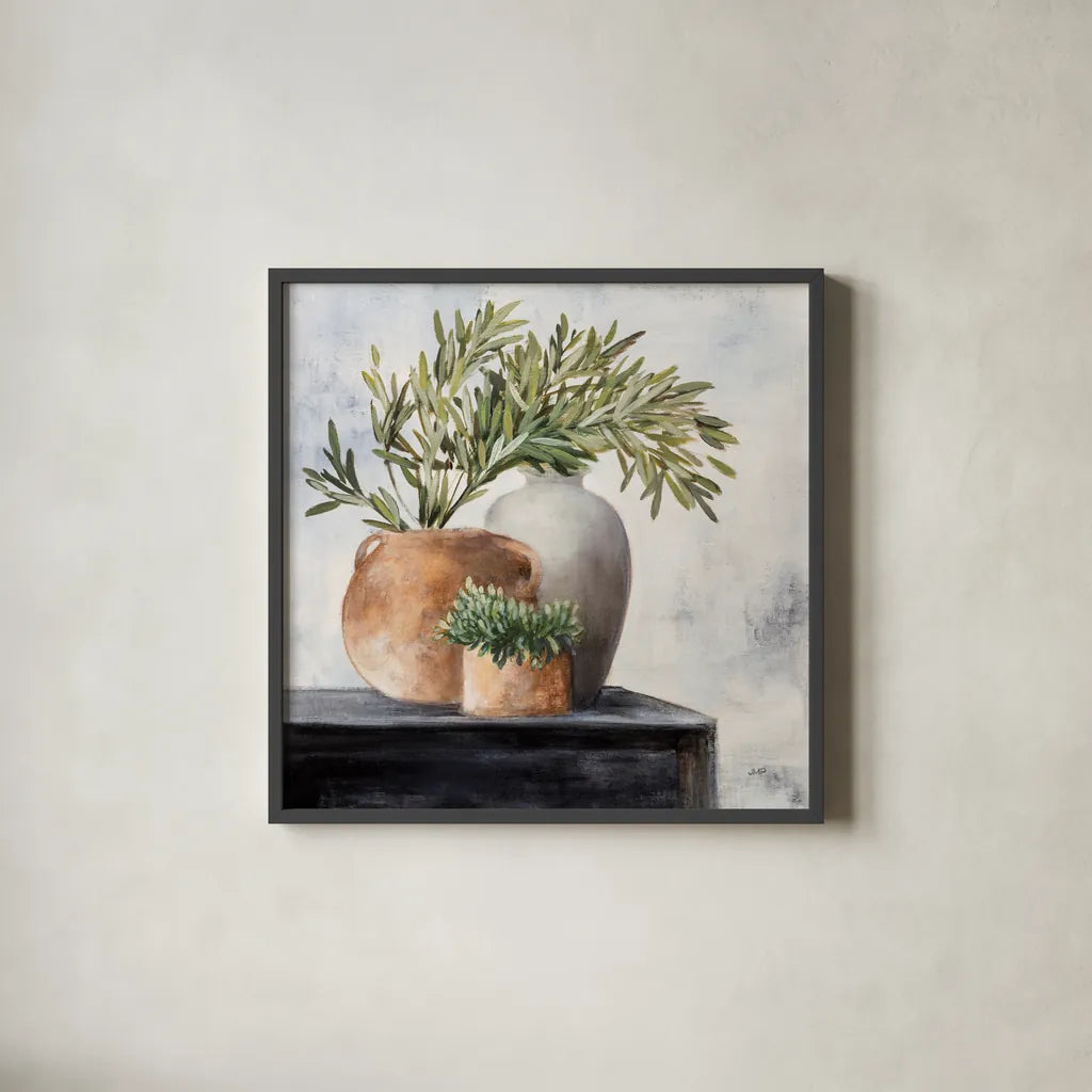 Calm Still Life Dark I by Julia Purinton. Shown in a sleek black glass frame for a contemporary gallery look. Available as an archival giclee rolled canvas, fine art paper, or poster print. SKU 83018a.