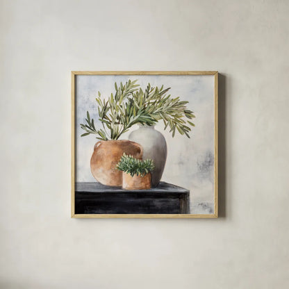 Calm Still Life Dark I by Julia Purinton. Shown in a natural wood glass frame for a timeless modern aesthetic. Available as an archival giclee rolled canvas, fine art paper, or poster print. SKU 83018a.