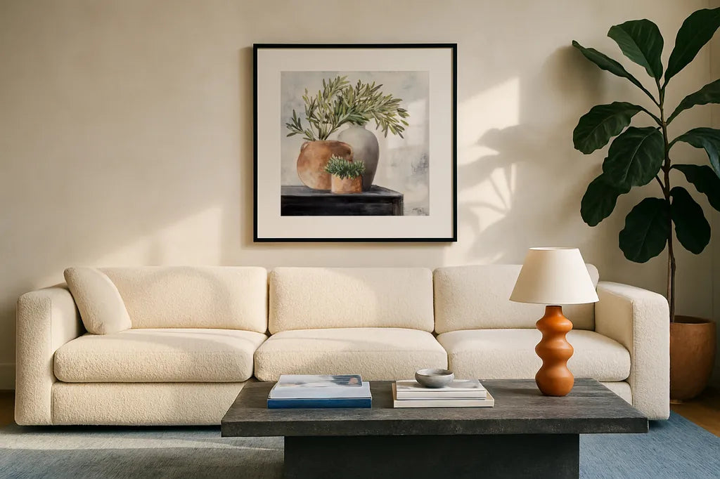 Calm Still Life Dark I by Julia Purinton. Displayed in a glass frame with matte in a clean modern living room. Available as an archival giclee rolled canvas, fine art paper, or poster print. SKU 83018a.