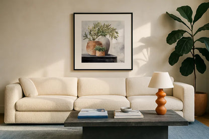 Calm Still Life Dark I by Julia Purinton. Displayed in a glass frame with matte in a clean modern living room. Available as an archival giclee rolled canvas, fine art paper, or poster print. SKU 83018a.