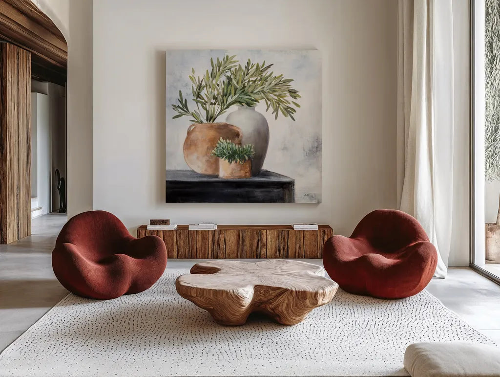 Calm Still Life Dark I by Julia Purinton. Shown as extra-large giant wall art in a modern living room. Available as an archival giclee rolled canvas, fine art paper, or poster print. SKU 83018a.